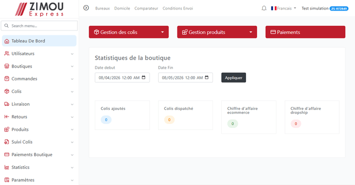 Tableau de bord de la plateforme Zimou Express : suivi des colis, gestion des commandes, des produits et des retours, statistiques de la boutique et paiements, réunis dans une seule interface.